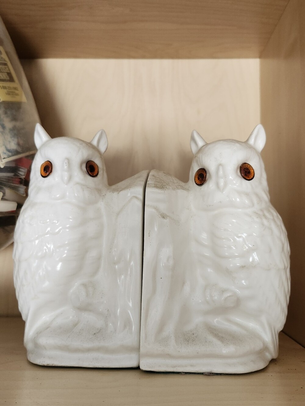White Ceramic Owl Bookends with Amber Eyes - Pair